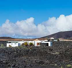 Casa blanca típica en paisaje volcánico de Lanzarote